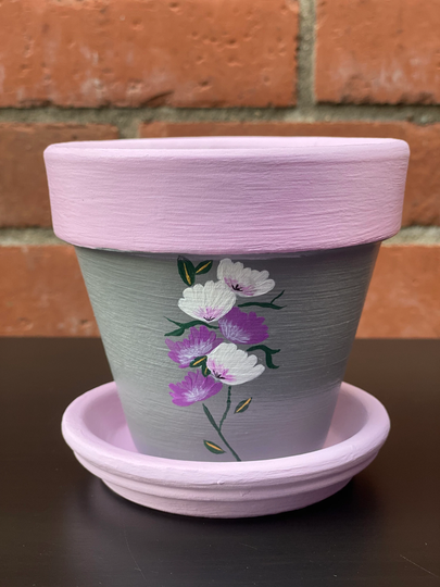 Hand-Painted Plant Pot & Saucer - Flowers