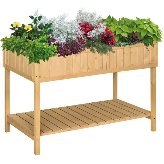 Outsunny Wooden Herb Planter Stand 8 Cubes Bottom Shelf Raised Bed Natural - Natural wood finish