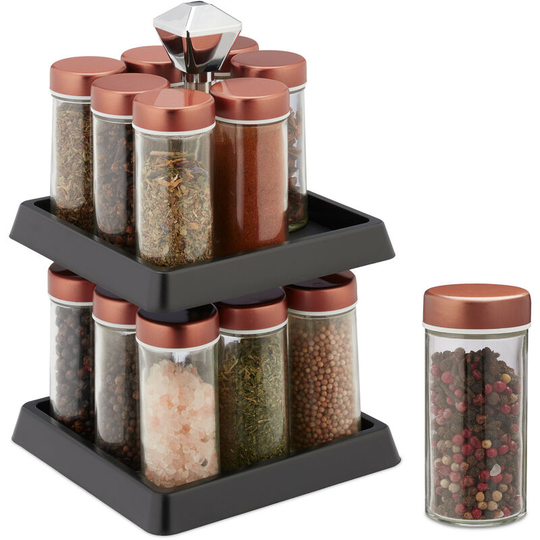 Spice Rack, 16 Glass Jars, Rotatable, Stainless Steel, h x w x d: approx. 26 x 16 x 16 cm, Copper - Relaxdays