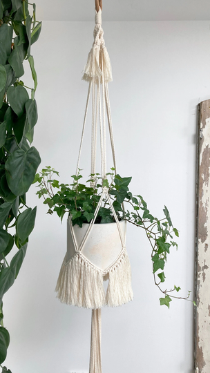 Macrame Plant Hanger With Fringe | Boho Hanging Pot Holder Natural Cotton Macrame