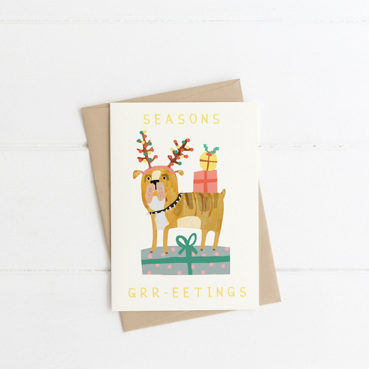 Seasons Grr-Eetings Bulldog Christmas Card | Dog Merry Star Greeting Eco-Friendly Recycled Hand Painted