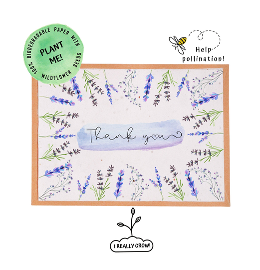 Plantable Thank You Card With Wildflower Seed | Blooming Card Special Paper Gift Birthday Trendy Lavender Flower Pattern