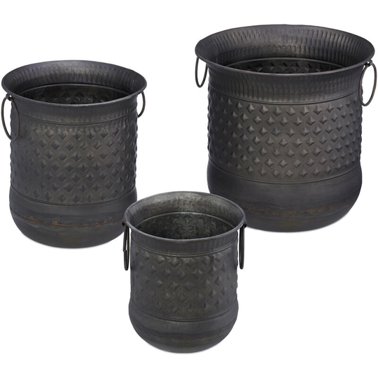 Set of 3 Antique Plant Pots, Decorative Planter With Handles, Vintage Design a, Outdoors, Iron, Anthracite - Relaxdays