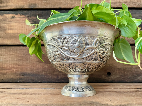 Silverplate Repousse Pedestal Bowl with Floral Embossing & Naturally Distressed Aged Patina - Old World French Shabby Jardiniere |#e9Planter