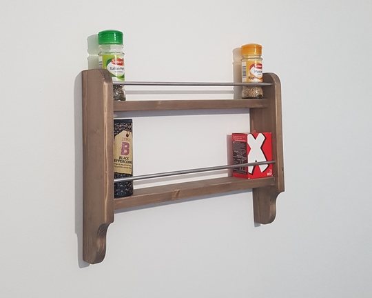 Spice Rack Rustic 2 Shelf Wall Mountable Kitchen Storage Cup Mug Utensil Hooks