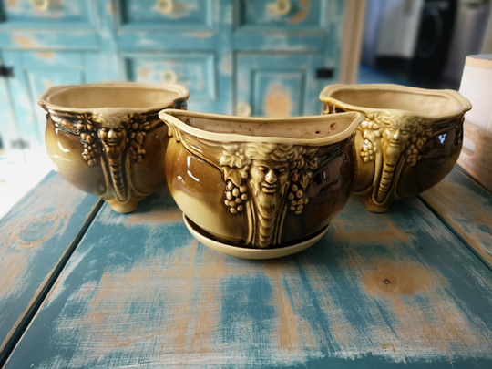 Vintage Set Of 3 Unique Ceramic Plant Pots Dionysus Bacchus Vine Grapes Beautiful Planters Versace Style