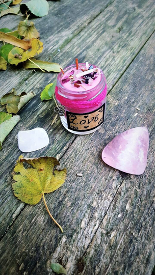 Witch Love Romance Attraction Spell Votive Candle Passion Handmade Herbs Crystals Spiced Berry Sandalwood Cinnamon Rose Petals Gems