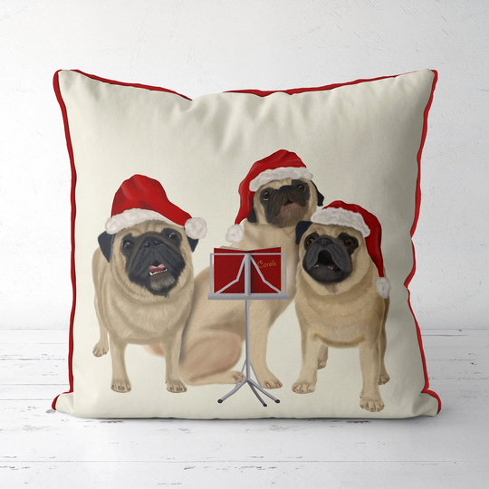 Dog Christmas Pillow Cover, Pug Trio in Xmas Hats Singing Carols, Cute Cushion For Holiday Seasonal Decorating, Lover Gift