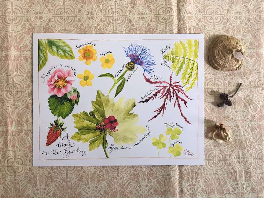 A Walk in The Garden Journal Print - Wall Decor Botanical Painting Strawberries Watercolor Plants