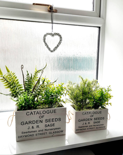 Wooden Box Planters With Faux Greenery Plants - Glasgow Print
