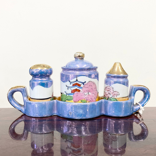 Vintage Japanese Lustreware Glazed Blue & Gold Ceramic Cruet Set & Spoon With Salt, Pepper Mustard Pot