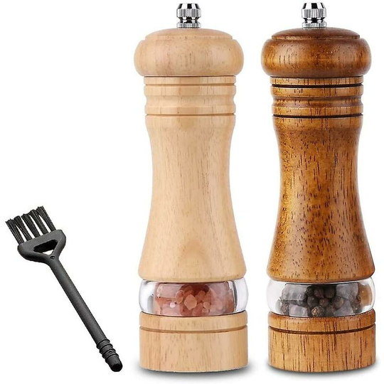 Set of 2 Pepper & Salt Grinders, Manual Spice Grinders, Wooden Pepper Grinders