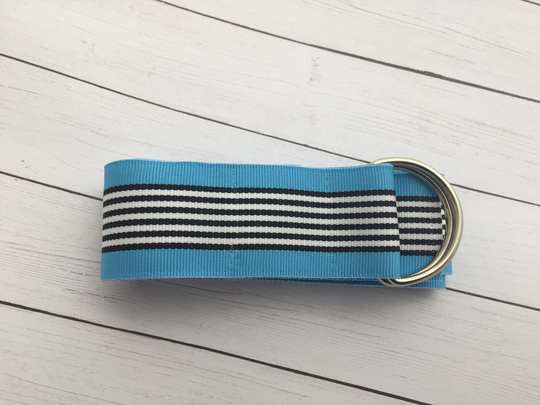 Women's Blue, Black, & White Striped Ribbon Belt, All Season Gold Or Silver Hardware, Fall Winter Gift For Her