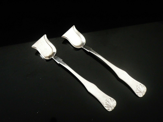 Silver Salt Spoons, Shovels, Pair, Antique, Cutlery, Tableware, Condiment, Possibly Jens Jensen, Copenhagen C.1850, Danish, Ref557A