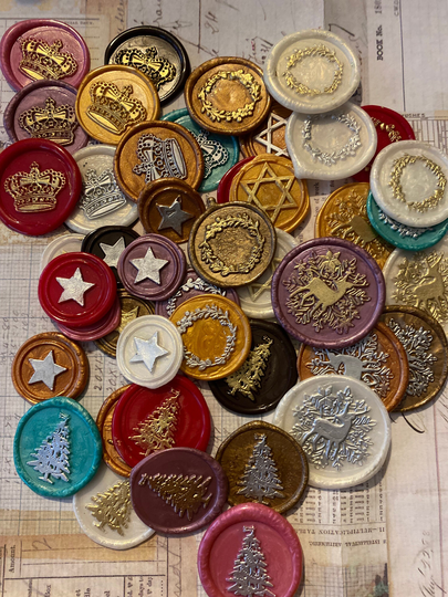 Christmas, Festive Season & Hanukkah Luxury Gilded Self Adhesive Wax Seal Stickers For Gifts Cards. Custom Made By Hand