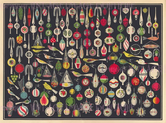 Antique 1920's Illustration Of Hand Blown Glass Christmas Tree Ornaments Season Winter Solstice Holiday 5x7 Greeting Card