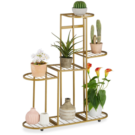 Relaxdays - Plant Stand Metal, for 7 Potted Plants, Flower Rack Indoor, Outdoor, HxWxD 82 x 70.5 x 23 cm, Tiered, Gold