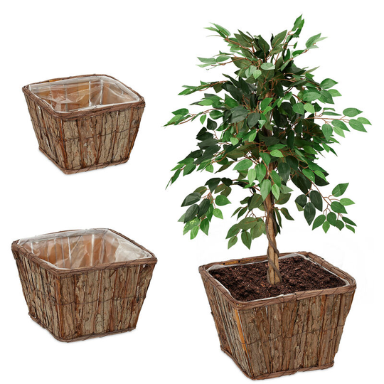 Relaxdays - Flowerpot, Set of 3, Wood, Plant Basket with Foil, 3 Various Sizes, Flowers & Herbs, Square Planters, Natural