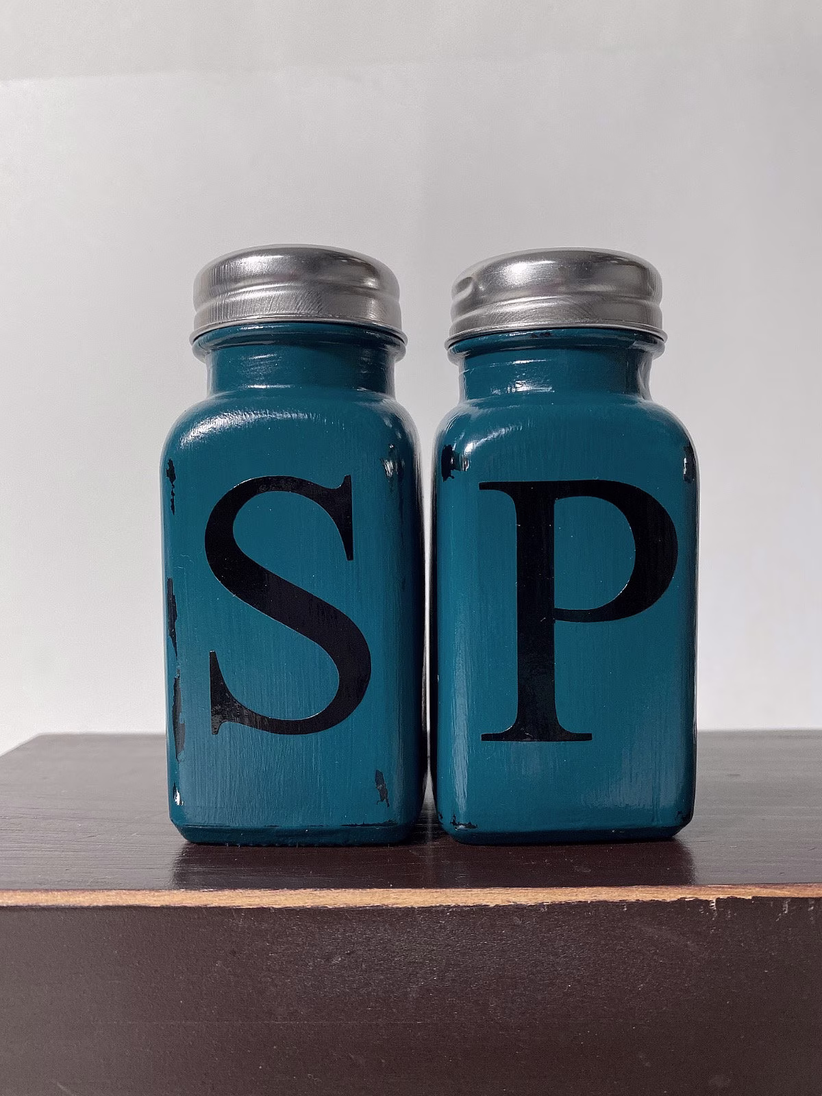 Rustic Salt & Pepper Shakers, Farmhouse Style, Kitchen Decor, Country Housewarming Gift, Painted Dark Teal, Distressed, Shabby Accent