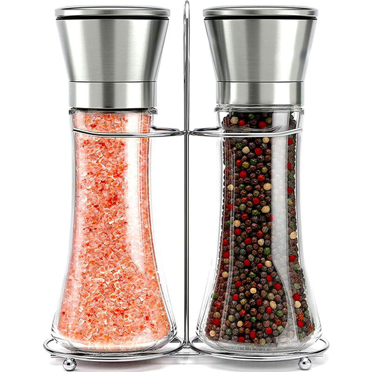Perle Rare - Set of 2 Salt and Pepper Shakers with Matching Stand - Salt and Pepper Grinder with Adjustable Grit Size in Brushed Stainless Steel
