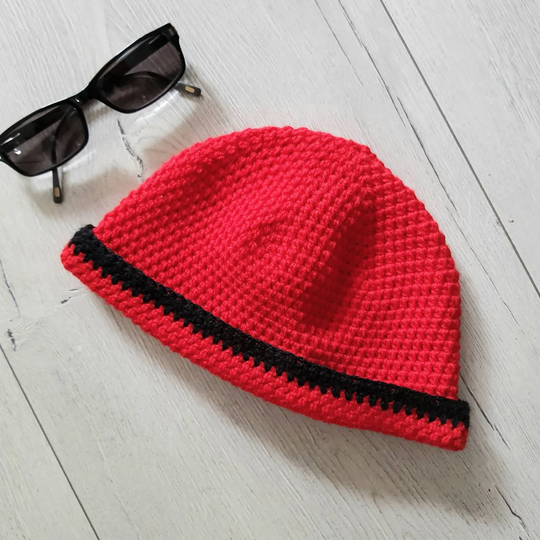 Red Black Fisherman Beanie, Men's Docker Style Hat, Crochet Watch Cap, Funky Skull Cap All Season