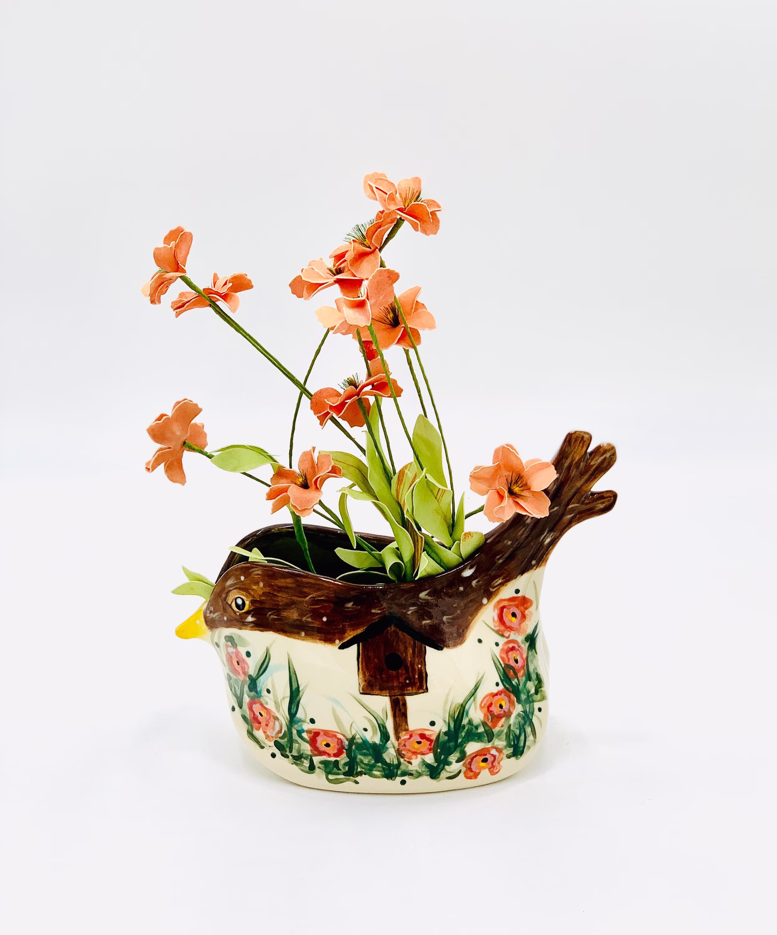 Hand Painted Bird Vase in White Clay