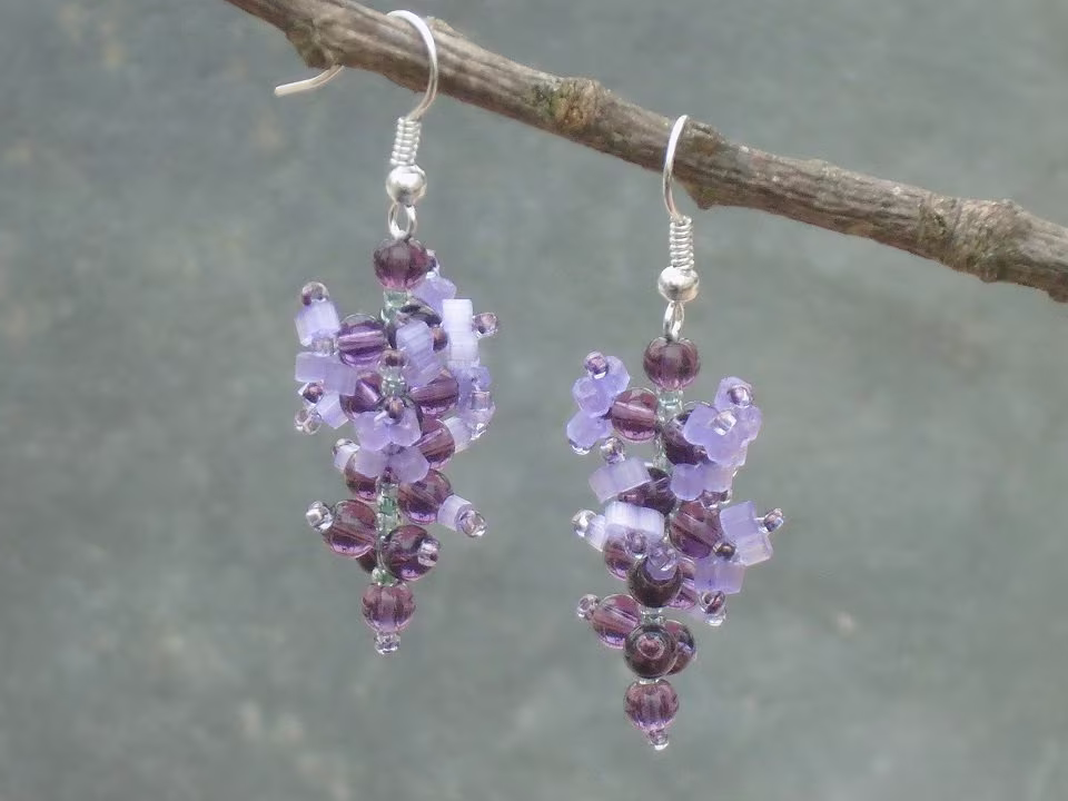 Wisteria Earrings, Crystal & Czech Seed Bead in Purple Lavender Aqua Beads, UK Seller