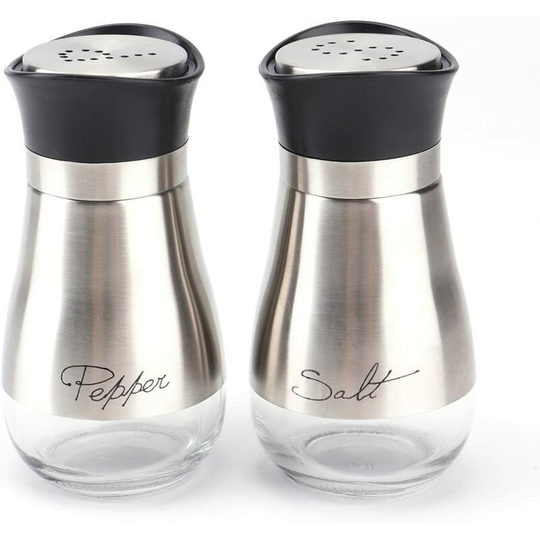 4 Ounce Salt and Pepper Shaker Set, Sleek Stainless Steel with Glass Bottom, Set of 2