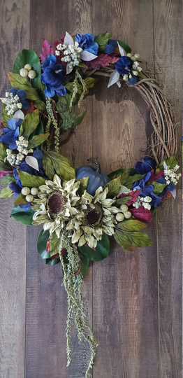 Unique Fall Wreath, Thanksgiving Decor, Blue Pumpkin Season Wreath