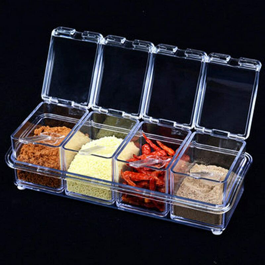 4pcs Seasoning Salt Jar Storage Box, Transparent Acrylic Spice Jars Sugar Seasoning Jars with Lid and Spoon