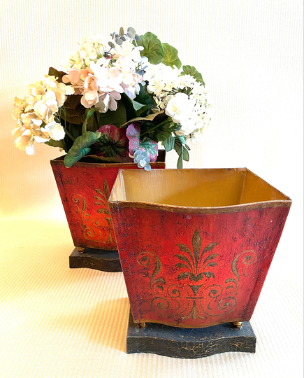 Red Tole Planters On Black Bases - With Gold Palm & Scroll Decoration-And Curved Sides-For Flower Arrangements