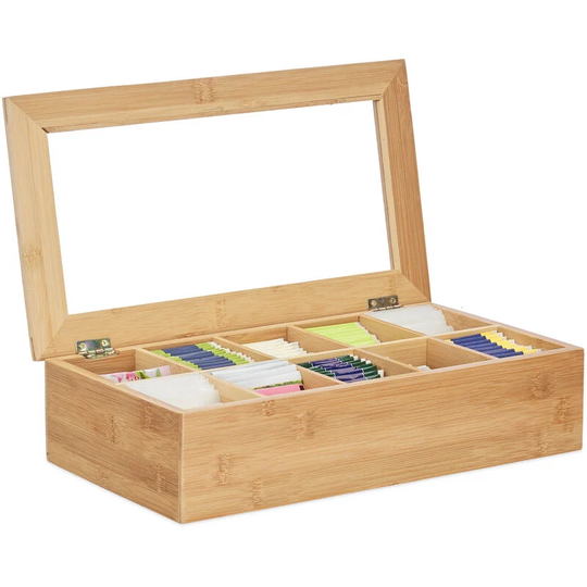 Bamboo Tea Box, 10 Compartments, Large, Sturdy, Versatile, Functional, Sustainable, Flavour Preserving, Window, Natural - Relaxdays