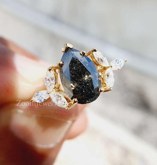 Vintage Salt & Pepper Diamond Engagement Ring Unique Pear Shaped Rose Gold Cluster Bridal Promise Anniversary