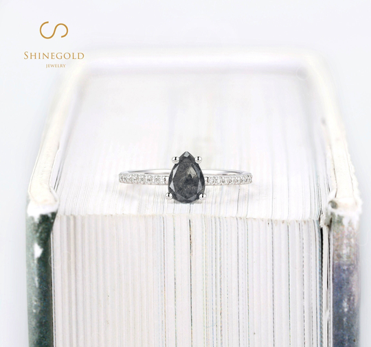 Vintage Salt & Pepper Diamond Engagement Ring Pear Cut White Gold Wedding Bridal Moissanite Half Eternity Art Deco Anniversary