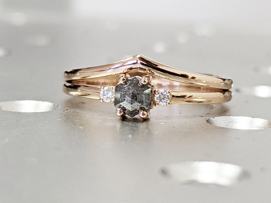 Raw Diamond, Salt & Pepper, Hexagon, Unique Engagement Ring, Rose Cut Geometric Diamond 14K Gold, Custom Handmade