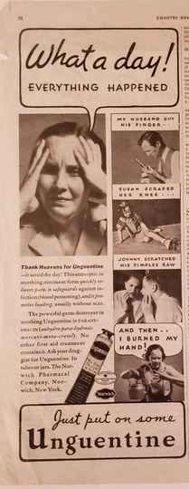 1937 Unguentine Antiseptic Ointment Medicine First Aid Parahydrecin Norwich Pharmacal Bad Day Vintage Print Ad