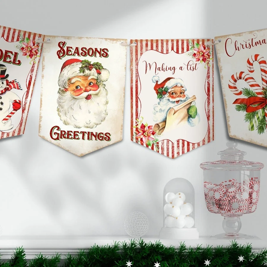Retro Christmas Bunting Santa Claus Snowmen Candy Canes Seasons Greetings Banner Garland Holiday Decoration Xmas
