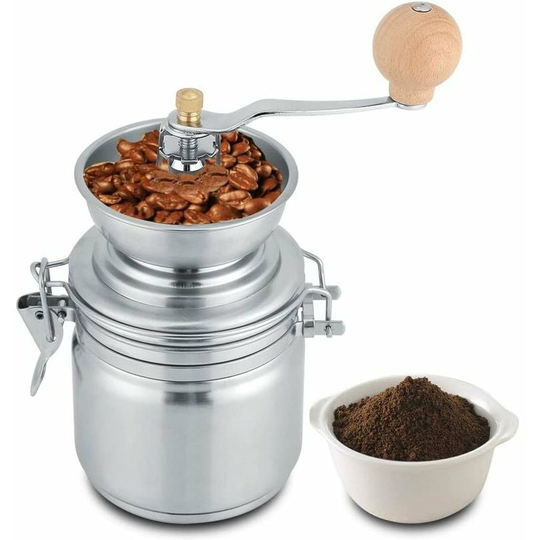 Manual stainless steel coffee grinder for coffee beans, spices, nuts, herbs, pumpkin seeds, etc. (Silver)