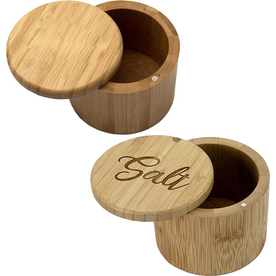 Bamboo Salt Box, Salt Container With Lid, Salt Shaker, Bowl with Magnetic Swivel Lid (2 pcs) Seasoning Jar + French