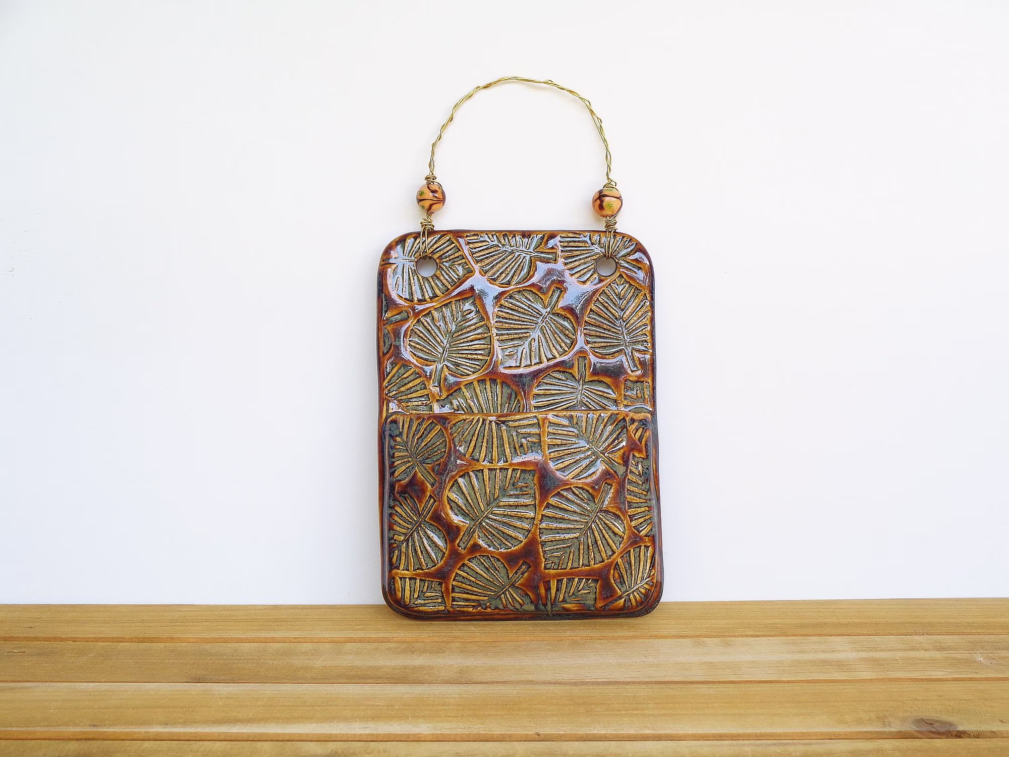 Ceramic Wall Pocket, Handmade Pottery, Stamped Vase, Clay Planter, Root Beer Glaze