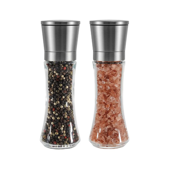Manual Pepper Mill and Salt Mill, Adjustable Grain Size, Pepper Shaker and Salt Shaker, Glass and Brushed Steel Salt and Pepper Grinder with, Set of 2
