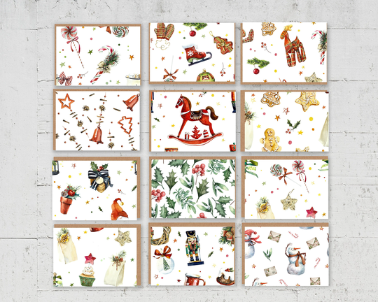 Christmas Winter Note Card Pack, Set Of 12 Blank Watercolor Season Postcards, Holidays Thank You Variety Multi Pack