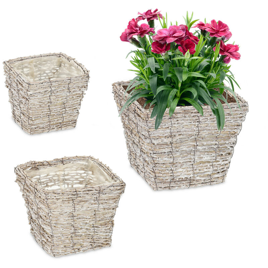 Relaxdays - Set of 3 Indoors Plant Pots in Various Sizes, Lined with Foil, Square Planters, made of Rattan, White/Natural