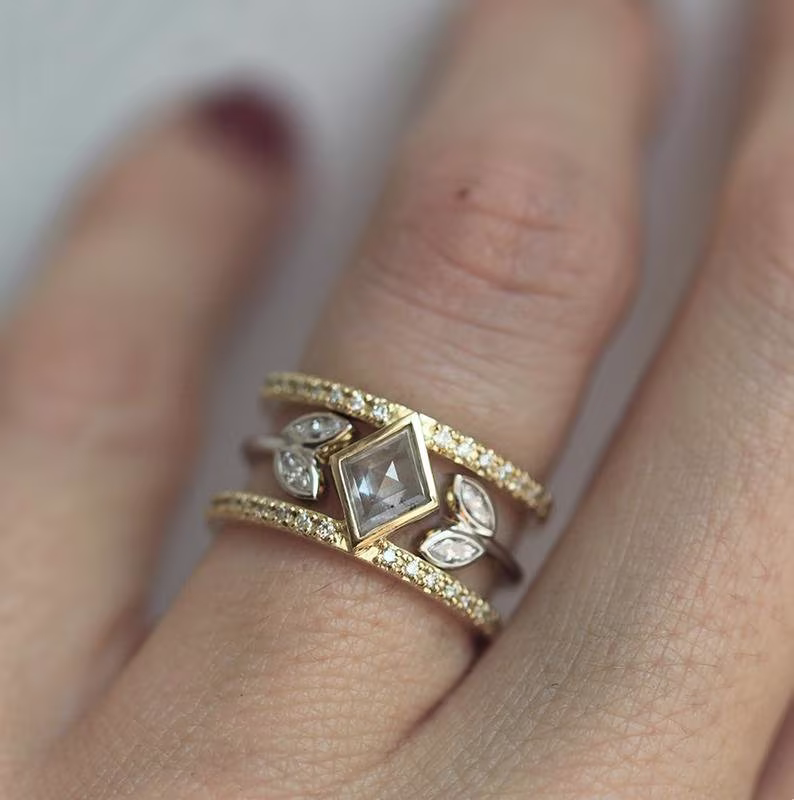 Princess Diamond Ring, Kite Salt Pepper Engagement Double Band With Open Ring