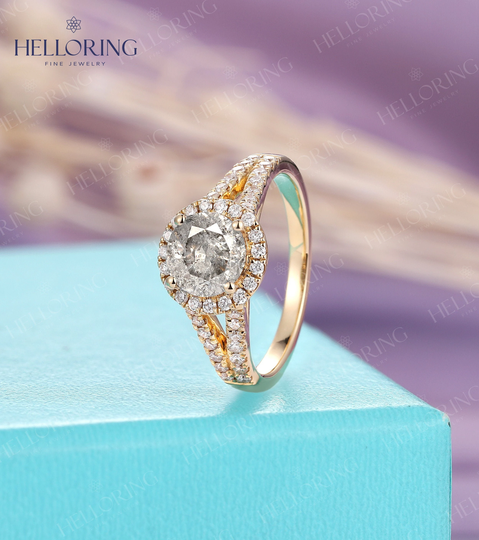 Salt Pepper Moissanite Engagement Ring Yellow Gold Wedding Halo Diamond Micro Pave Half Eternity Bridal