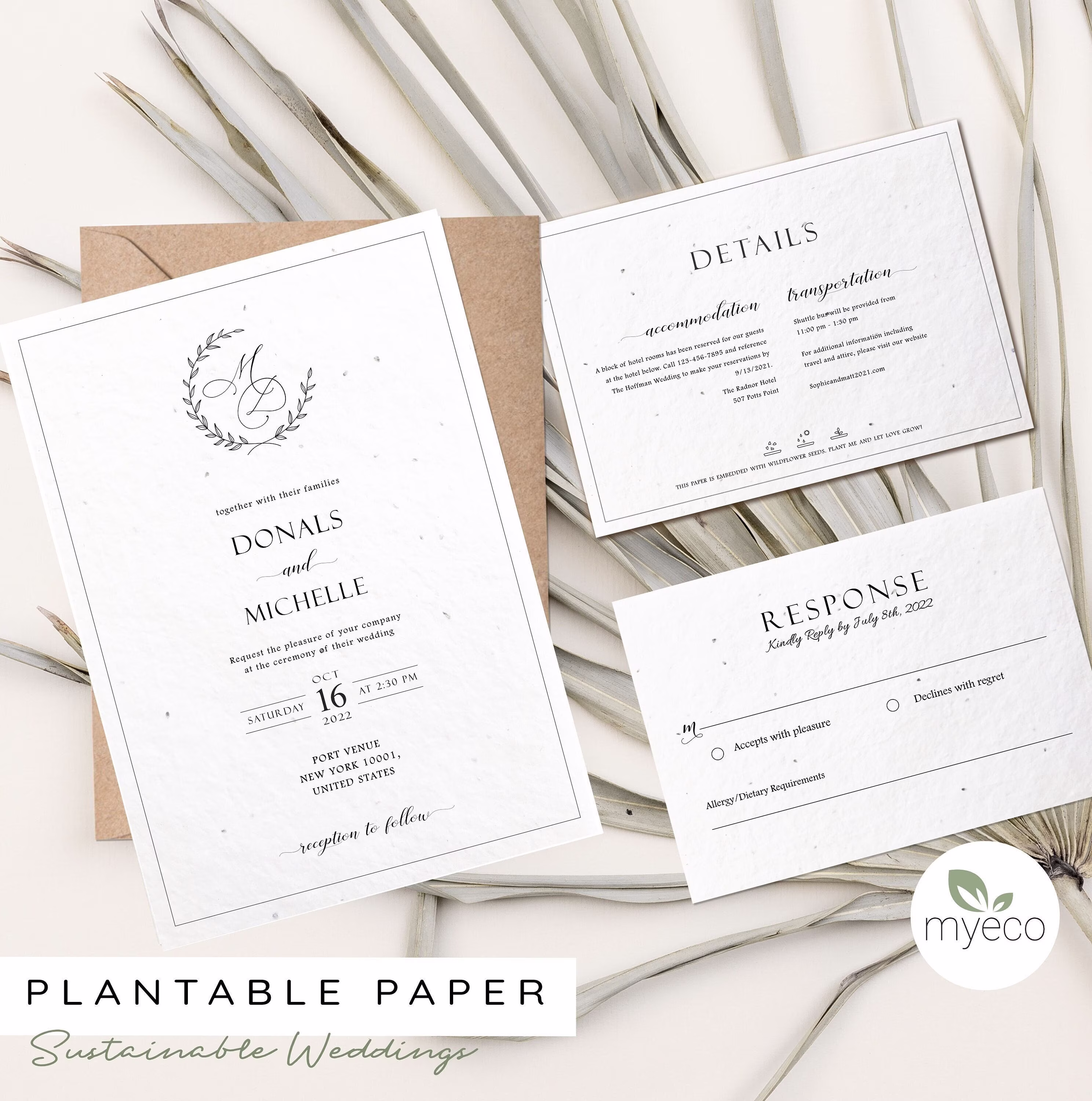 Plantable Wedding Invitation Set, Seeded Paper Invitation, Rsvp & Detail Card, Elegant Invitation, Printed Recycled Envelope
