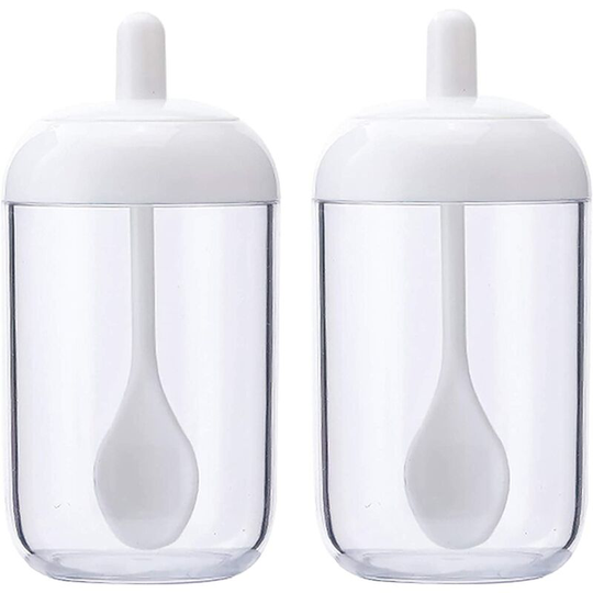 2 spice jars, transparent white spice rack, spice box with spoon lid, plastic spice jars, spice / herb storage for kitchen, dining table, 13x6,5 cm