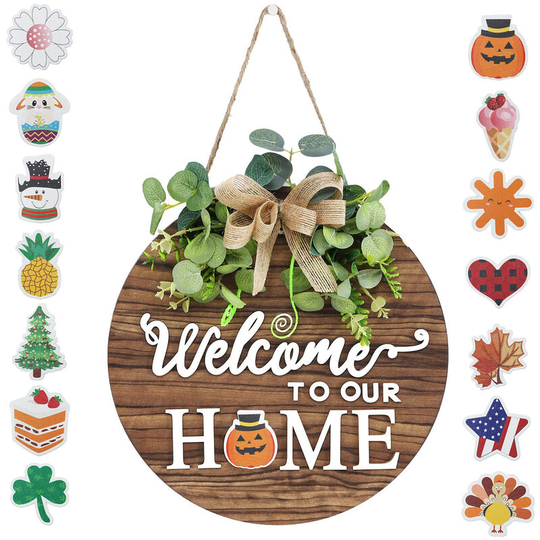 Interchangeable Seasonal Welcome Sign Front Door Decoration, Rustic Round Wood Wreaths Wall Hanging Outdoor, Farmhouse, Porch, for Spring Summer Fall