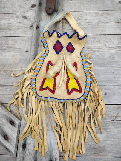 Blackfoot Inspired Bag, 70S Reproduction, Beaded Leather Pouch, Medicine Hand Beadwork, Patina