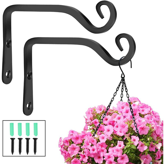 2 Pack Black Wall Hanging Hooks - Hanging Brackets, Metal Wrought Iron Wall Hanging Basket Brackets, Hanging Basket Stand for Bird